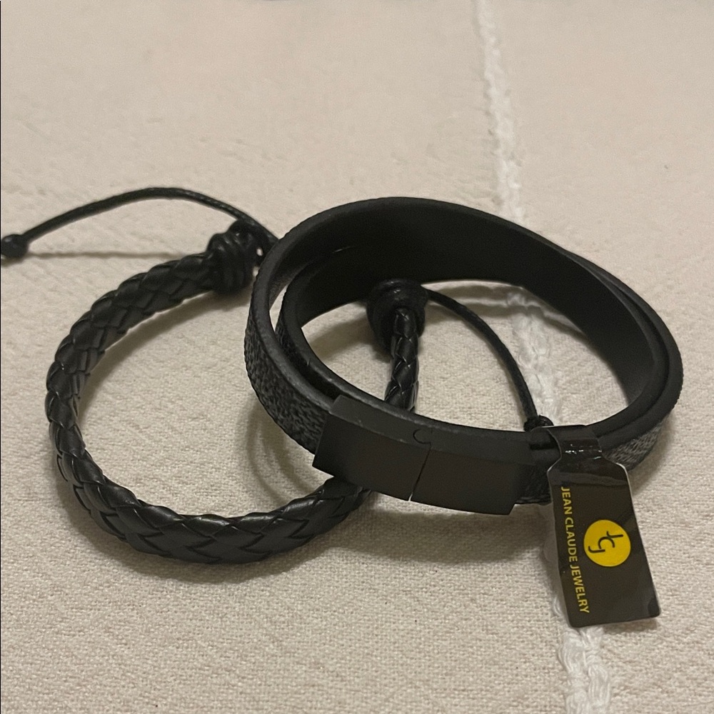 Jean Claude Jewelry Black Faux Leather and Wrap Bracelet Set
